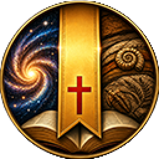 Circular emblem with a gold ribbon bearing a red cross over an open illuminated book, set against ornate patterns and a galaxy-like background.