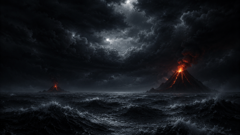 Dark, stormy sea at night with two erupting volcanoes spewing lava and heavy smoke on the horizon.