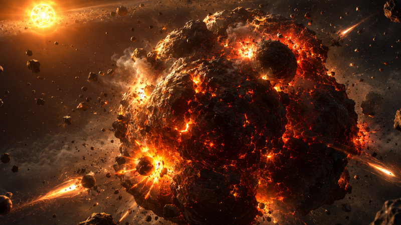 A gigantic lava-covered asteroid exploding in space, with a bright sun in the background and debris around. (informative)