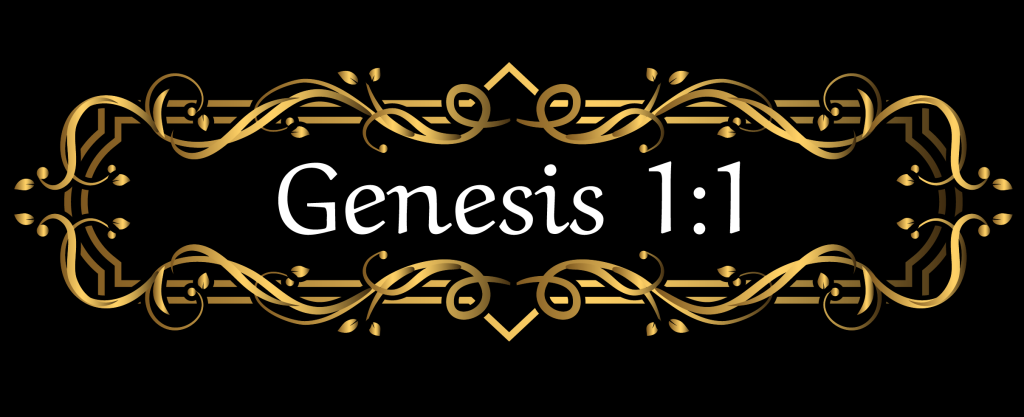 Elegant black banner with a gold ornamental border framing the white text, 'Genesis 1:1'.