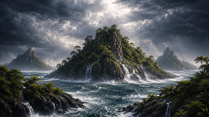 Stormy seascape with a rocky, tree-covered island at center and waterfalls spilling into the churning ocean.