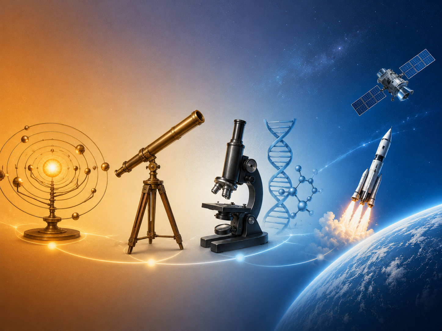 Science timeline in space: orrery, telescope, microscope, DNA double helix, rocket launch from Earth, and a satellite.