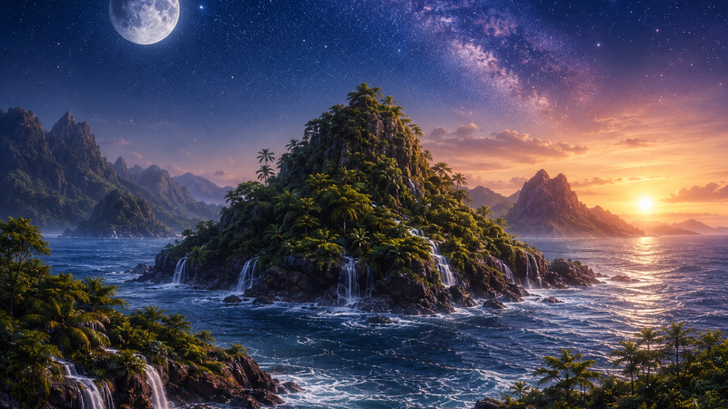 A lush tropical island with palm trees atop rocky cliffs, surrounded by waves and multiple cascades at sunset under a starry sky and Milky Way.